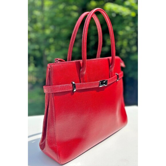 M London Red Leather Snakeskin Like Embossed Leather Purse Tote Signature Lining - Picture 5 of 16